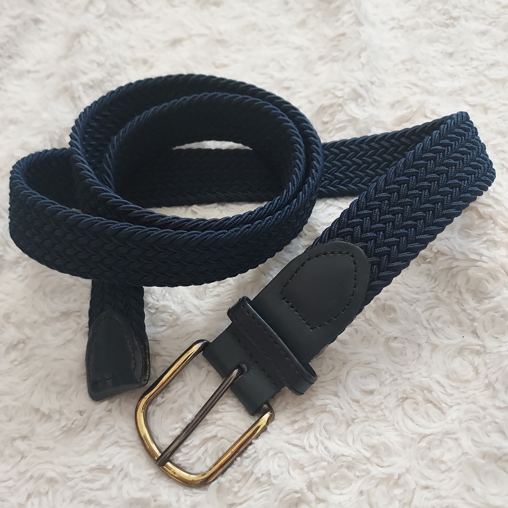 Men's Classic Casual Navy Woven Adjustable Stretch Belt Gold Buckle L 38-40
